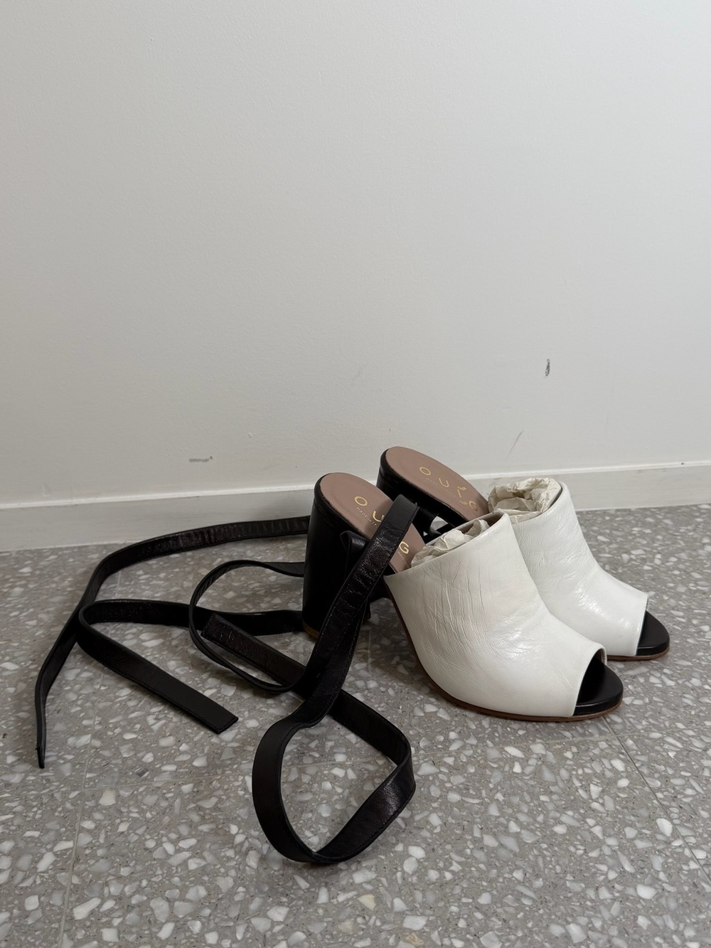 White Open-Toe Mule Heels with Black Wrap Strap